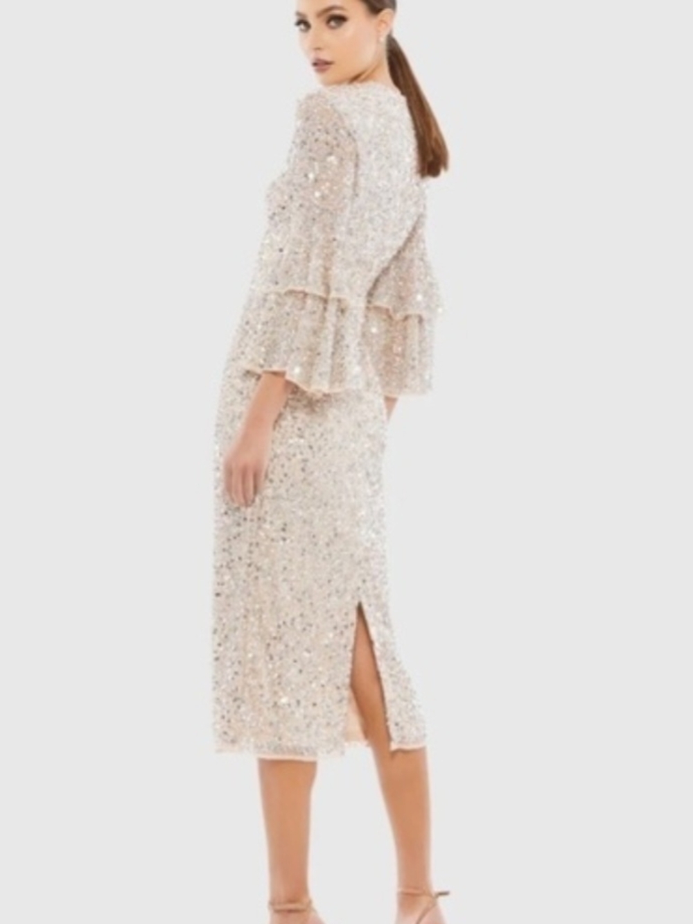 Mac Duggal Sequin Ivory Midi Dress with Tiered Ruffle Sleeves